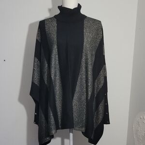 JM Collection Womens  Black and Gray Turtleneck Sweaters Pancho With Sleeves
